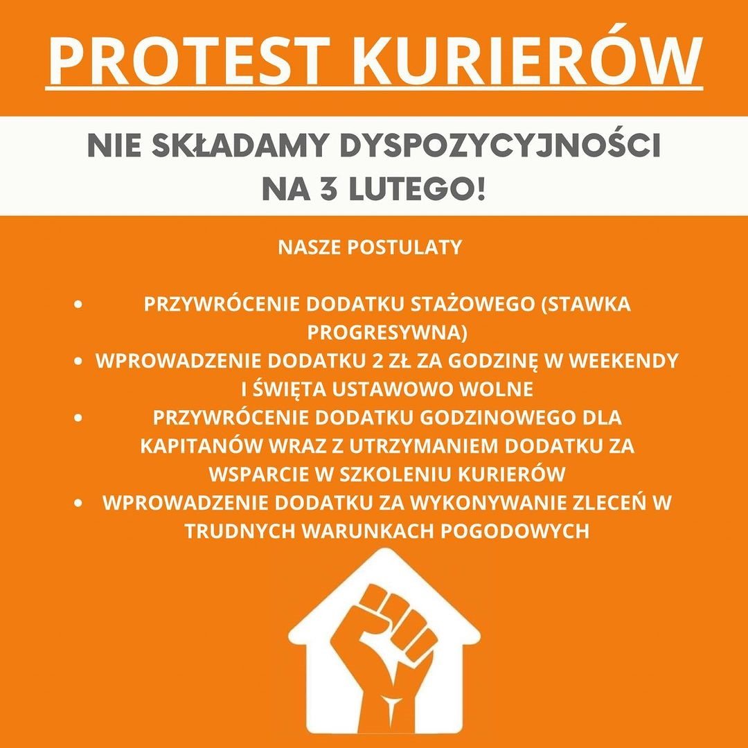 strajk kurierów Pyszne.pl 3 lutego 2023 roku postulaty