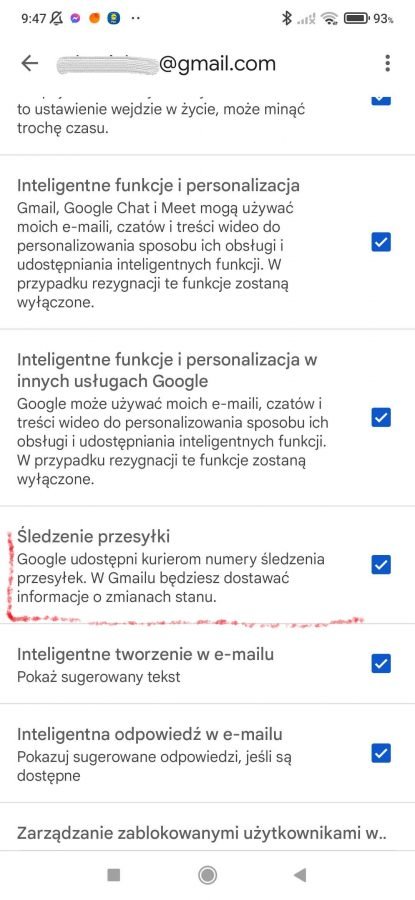 śledzenie przesyłki gmail rubryka zrzut ekranu