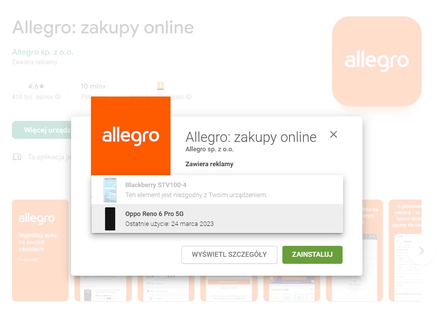 Android sklep Google Play w przeglądarce aplikacja Allegro fot. Tabletowo.pl
