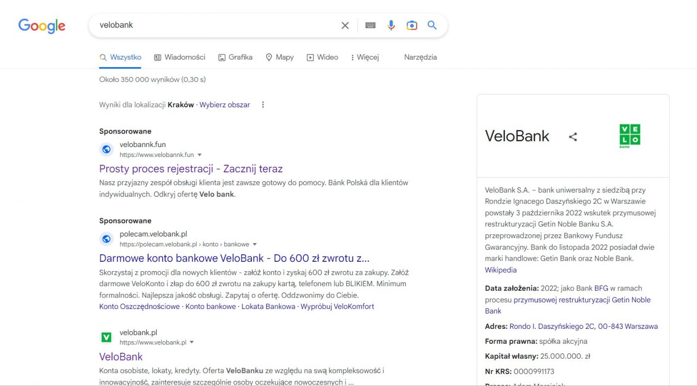 Google fałszywa Witryna VeloBank