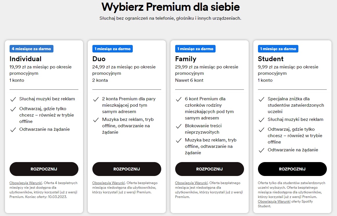 Spotify Premium Individual za 0 złotych na cztery miesiące promocja marzec 2023 roku dostępne pakiety cennik fot. Tabletowo.pl