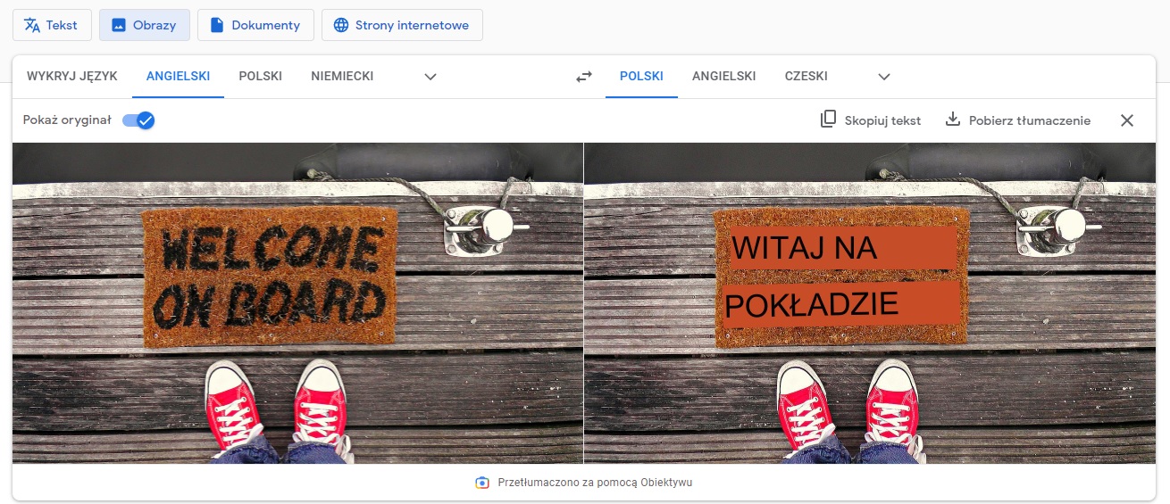 Tłumacz Google tłumaczenie tekstu ze zdjęcia przykład fot. Tabletowo.pl