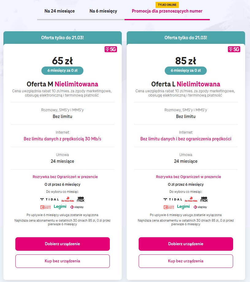promocja T-Mobile abonament za 0 złotych przez pół roku dla przenoszących numer fot. Tabletowo.pl