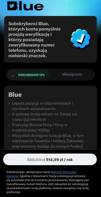 subskrypcja Twitter Blue polska cena na rok rabat