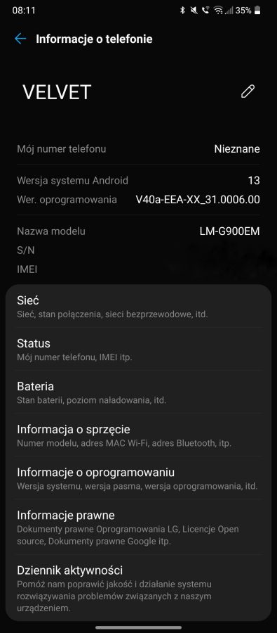 LG Velvet Android 13