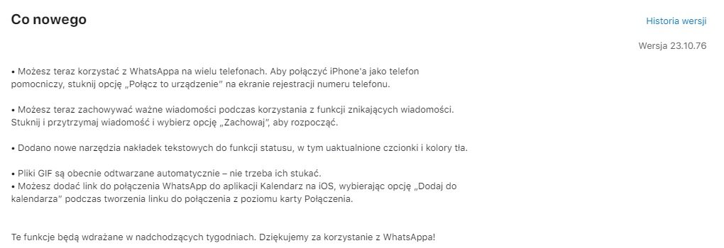 Apple App Store WhatsApp wersja 23.10.76 changelog co nowego wykaz zmian nowości fot. Tabletowo.pl