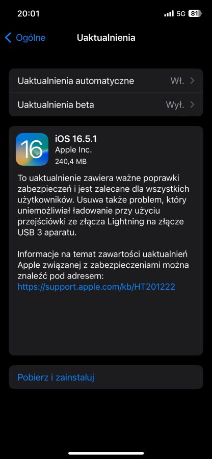 iOS 16.5.1 aktualizacja