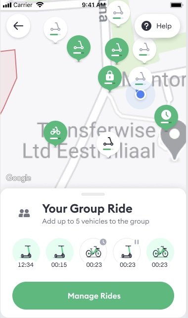 Bolt przejazdy grupowe na hulajnogach aplikacja screen