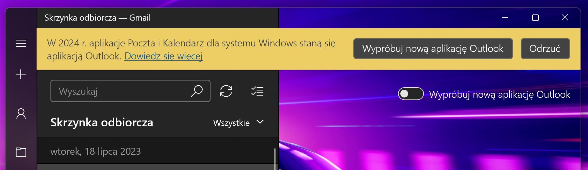 Komunikat aplikacji Poczta o przeniesieniu do Outlooka