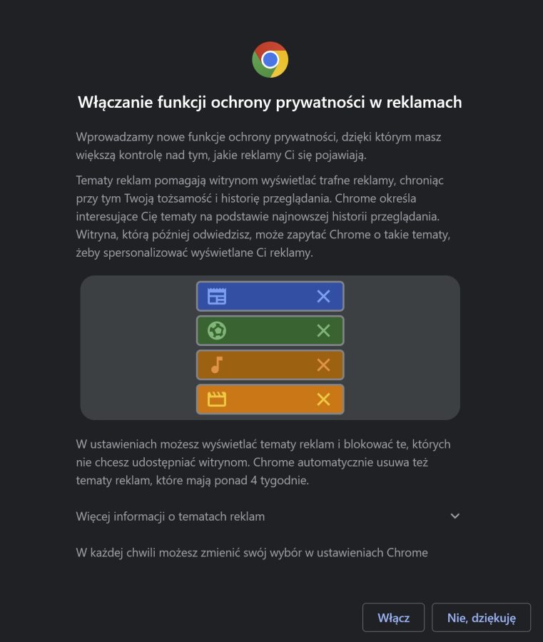 Komunikat w Google Chrome dotyczący włączania funkcji ochrony prywatności w reklamach fot. Tabletowo.pl