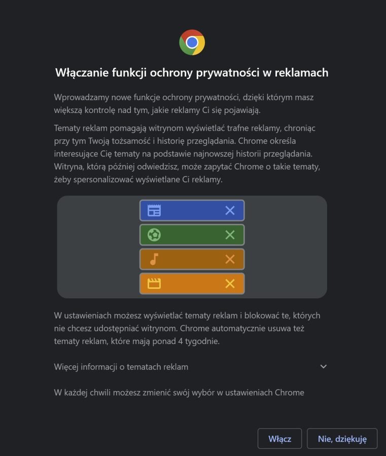 Komunikat w Google Chrome dotyczący włączania funkcji ochrony prywatności w reklamach fot. Tabletowo.pl