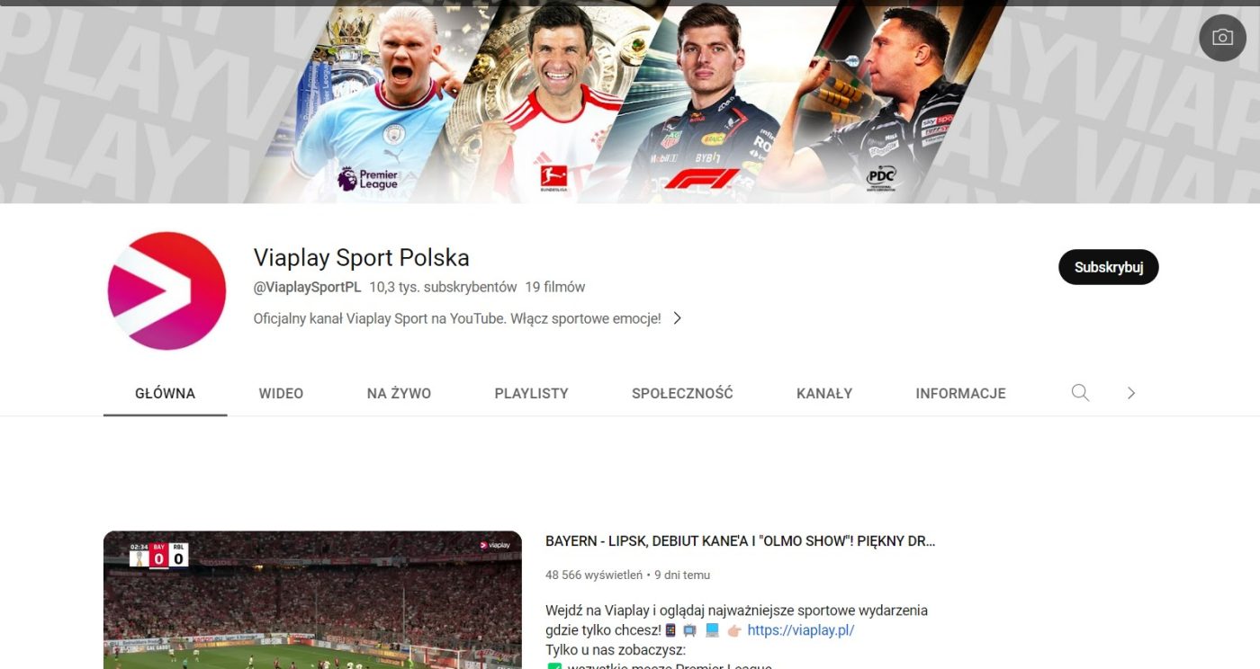 Viaplay sport polska kanał Youtube