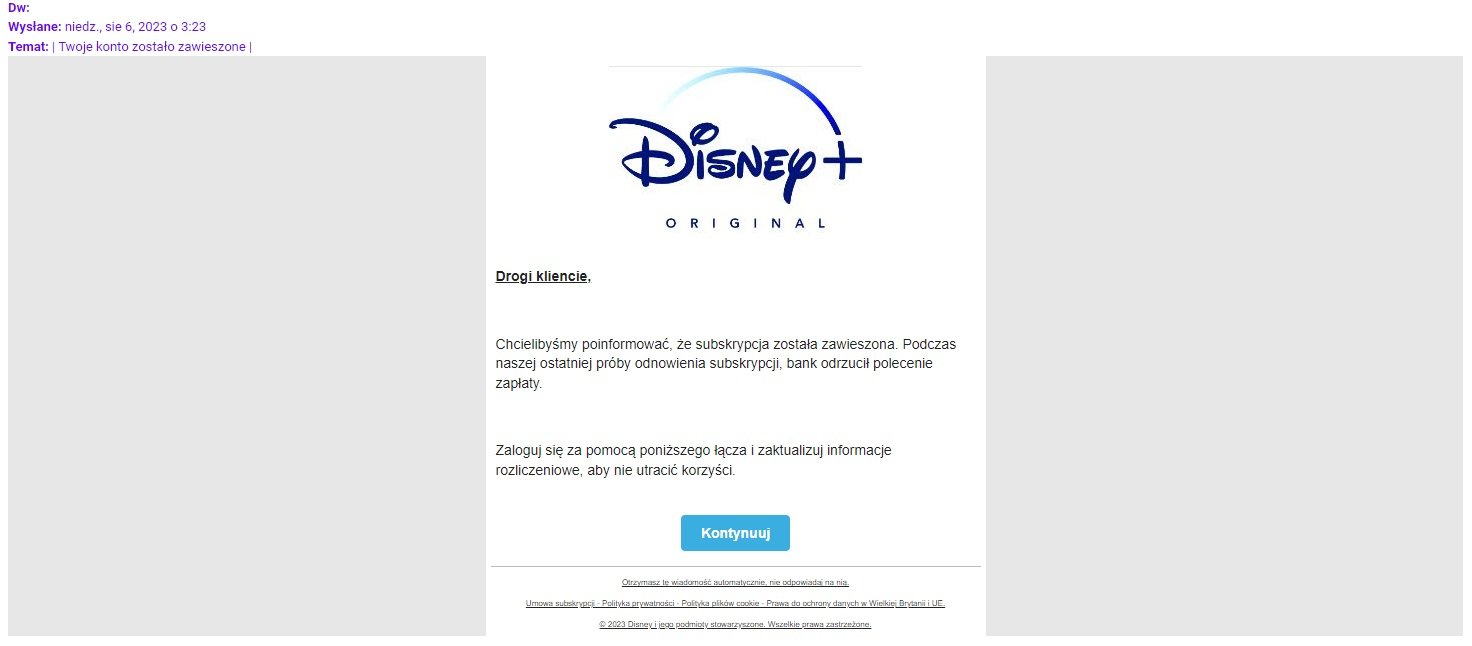 Disney+ fałszywy email oszustwo