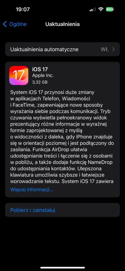 iOS 17 aktualizacja