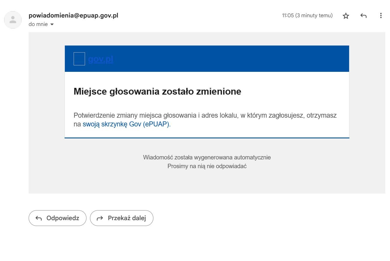 powiadomienie zmiana miejsca głosowania wybory 2023