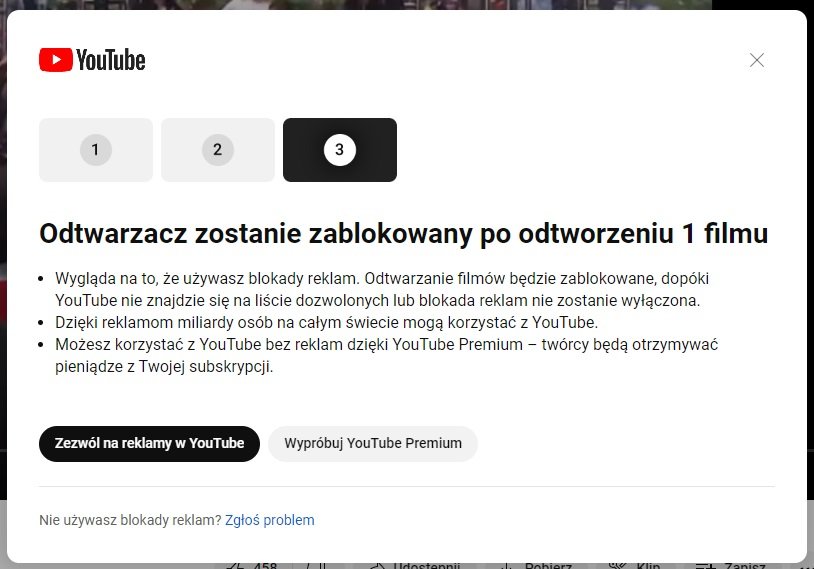 YouTube blokowanie reklam drugie ostrzeżenie fot. Tabletowo.pl