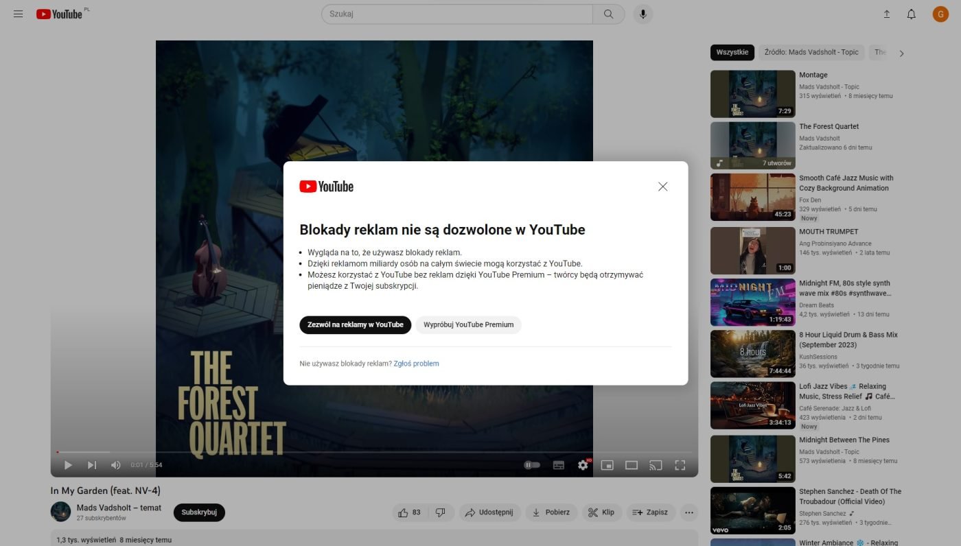 YouTube blokowanie reklam ostrzeżenie fot. Tabletowo.pl