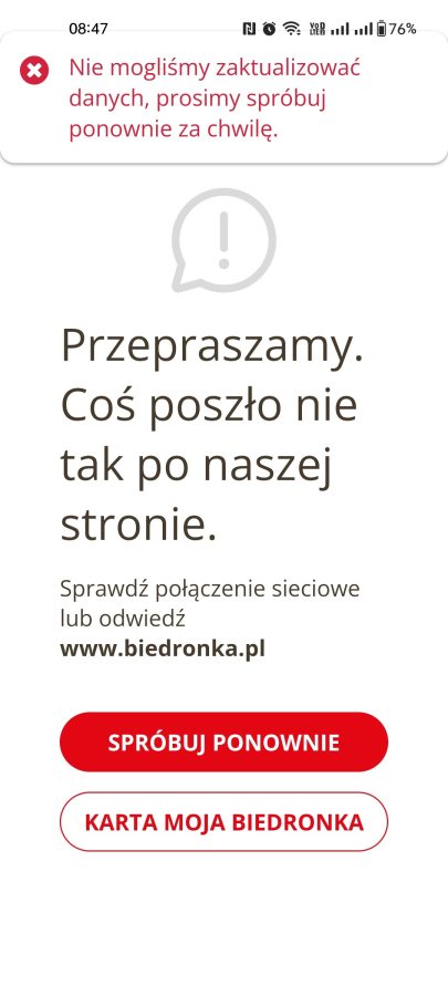 Aplikacja Moja Biedronka nie działa 13.11.2023 fot. Tabletowo.pl