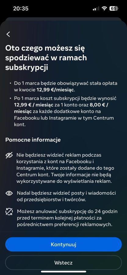 Facebook bez reklam subskrypcja Polska cena fot. Tabletowo.pl