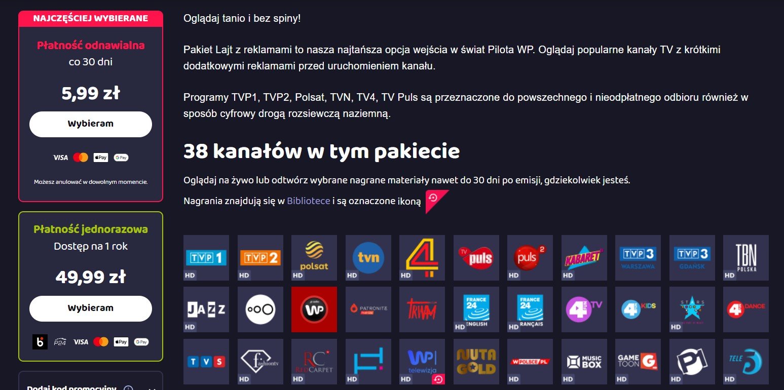 Pilot WP nowy pakiet lajt z reklamami 2023
