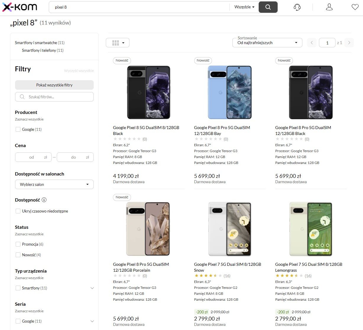 Smartfony Google Pixel 8 Pro w x-kom (źródło: x-kom)