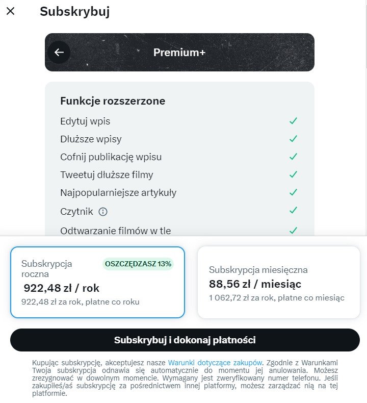 Twitter Premium+ cena listopad 2023