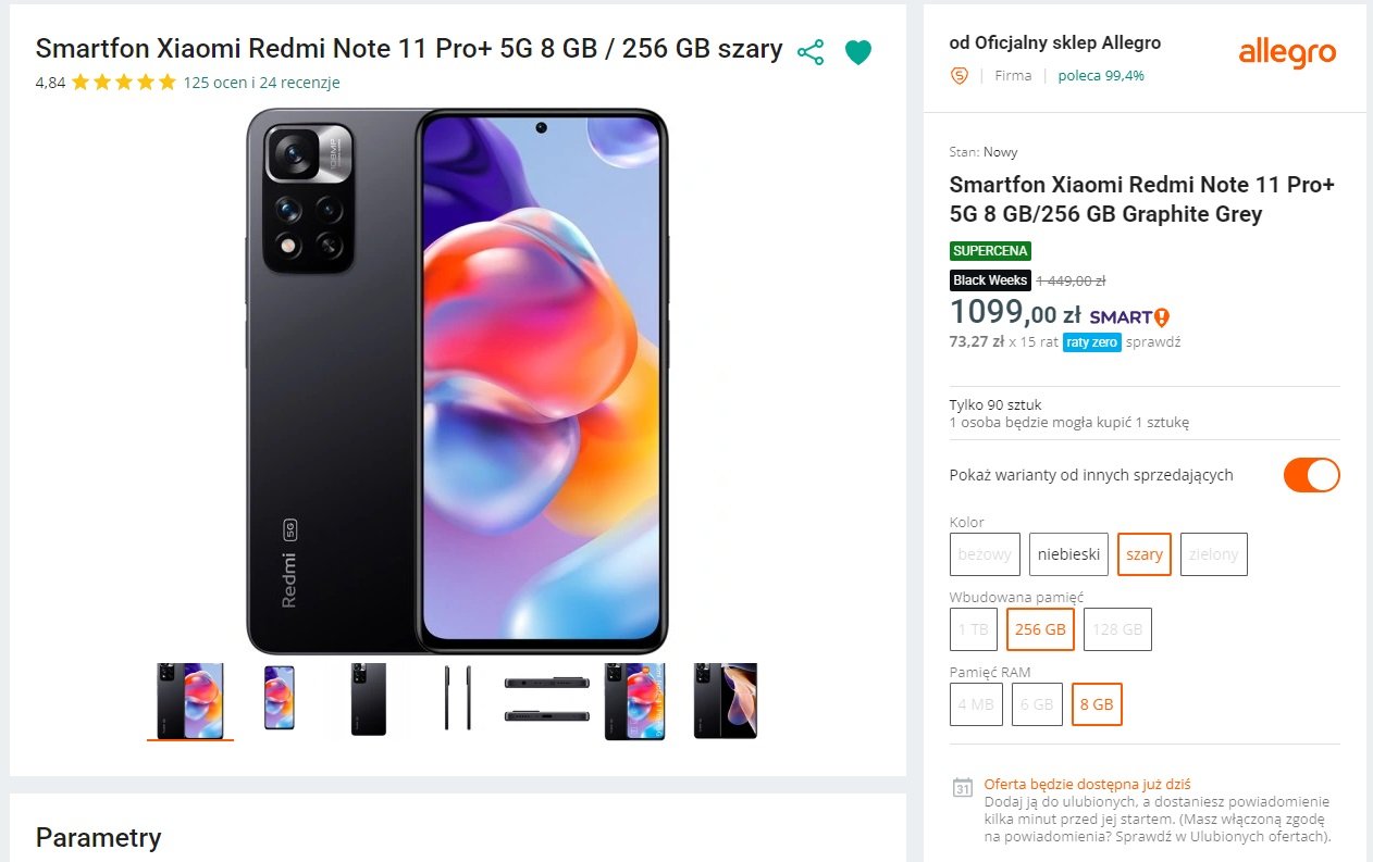 promocja na smartfon Xiaomi Redmi Note 11 Pro+ 5G 8 GB 256 GB na Allegro Black Weeks 2023 fot. Tabletowo.pl