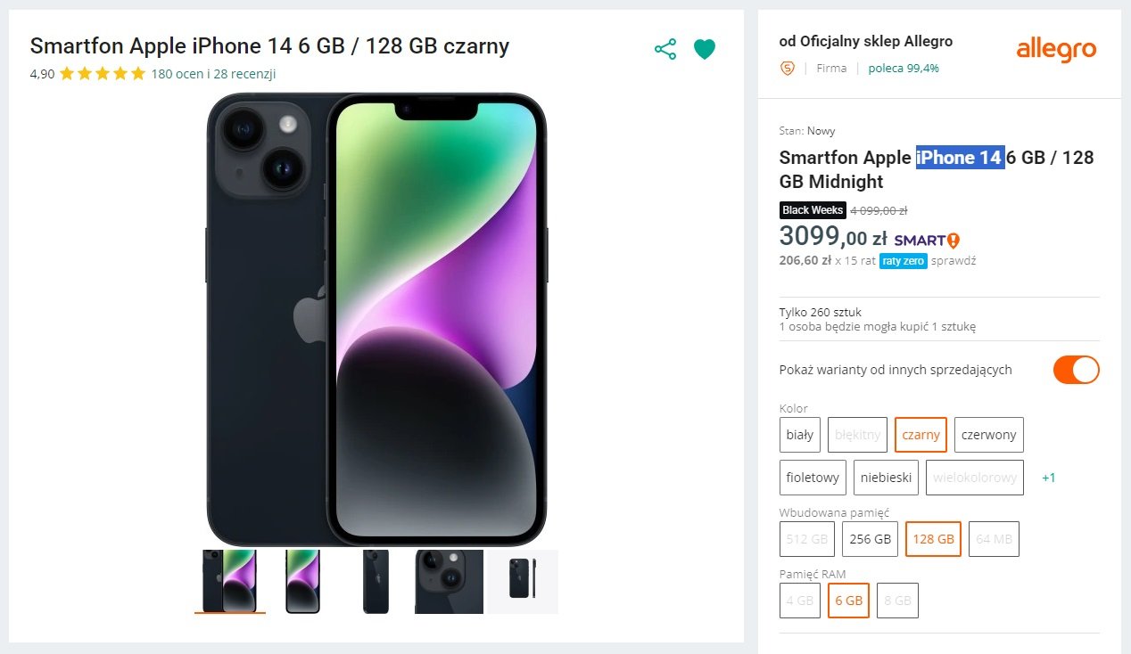smartfon Apple iPhone 14 128 GB czarny za 3099 złotych Oficjalny sklep Allegro fot. Tabletowo.pl
