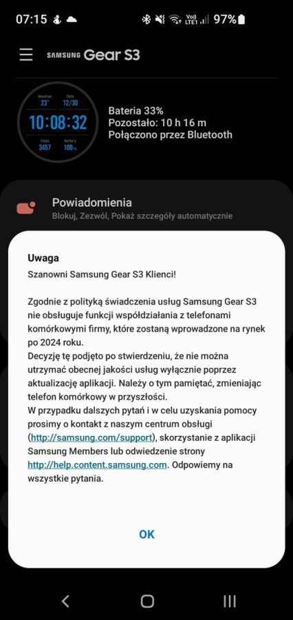 Samsung Gear S3 - aktualizacja zasad korzystania