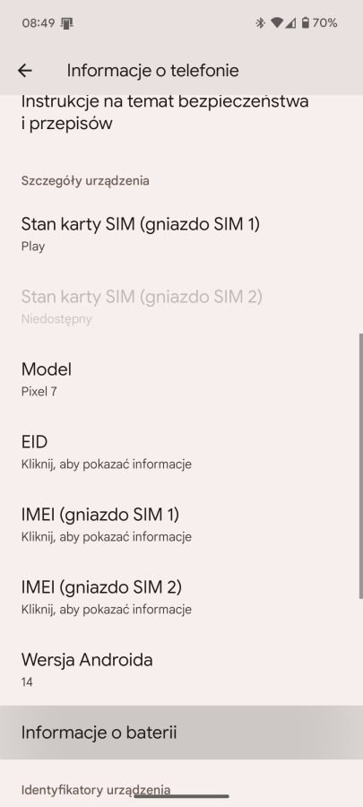 android 14 pixel 7 informacje o baterii