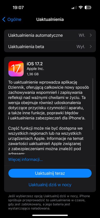 iOS 17.2 aktualizacja