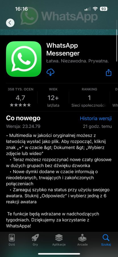 WhatsApp aktualizacja iOS 