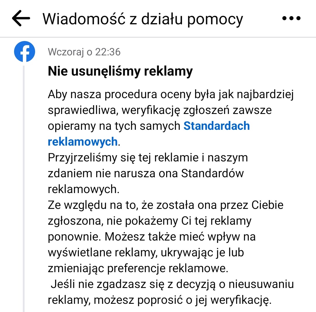Facebook odpowiedź na zgłoszenie fałszywej reklamy fot. Tabletowo.pl