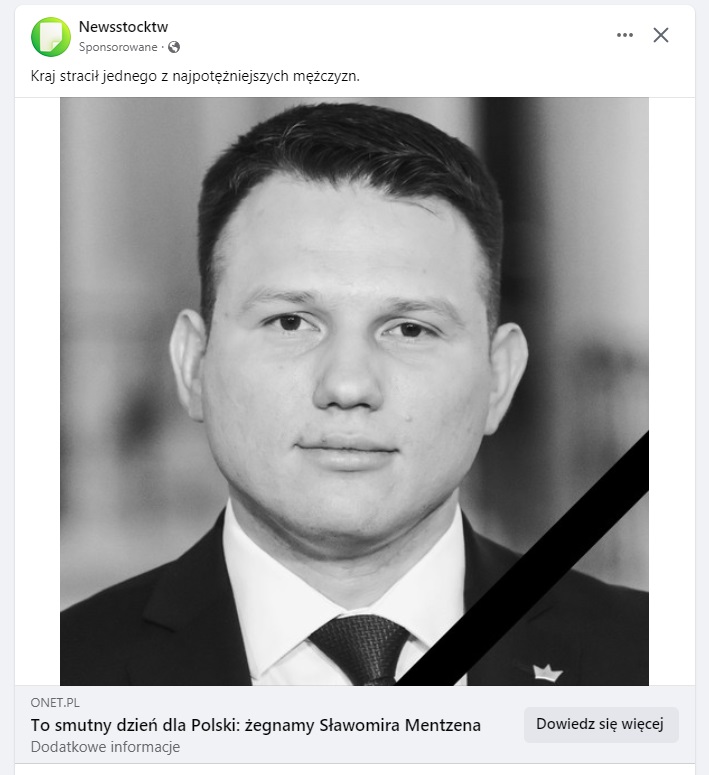Facebook oszustwo scam Sławomir Mentzen nie żyje fot. Tabletowo.pl