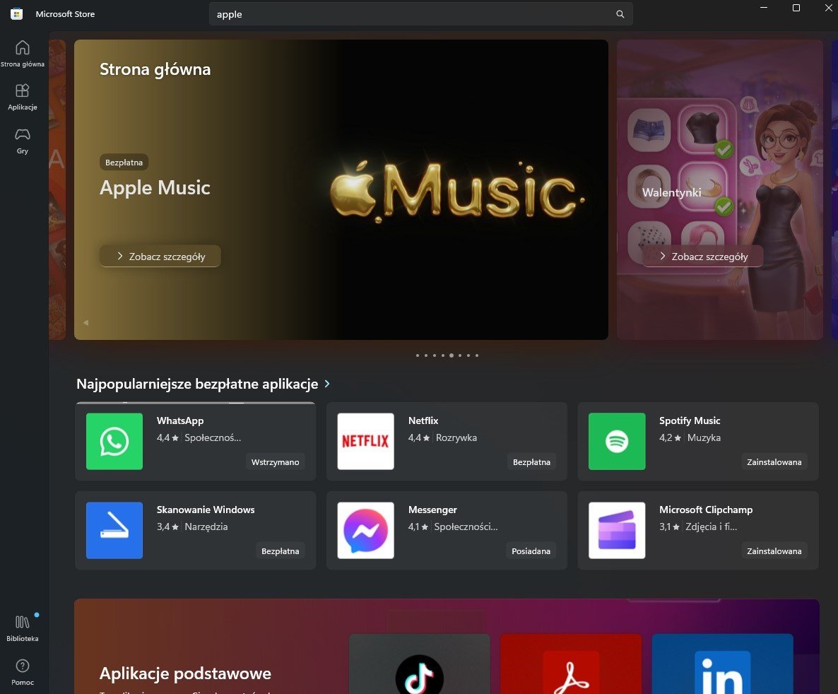 Apple Music zamiast iTunes w Microsoft Store