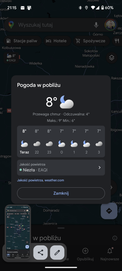 Mapy Google - warstwa pogody i jakości powietrza
