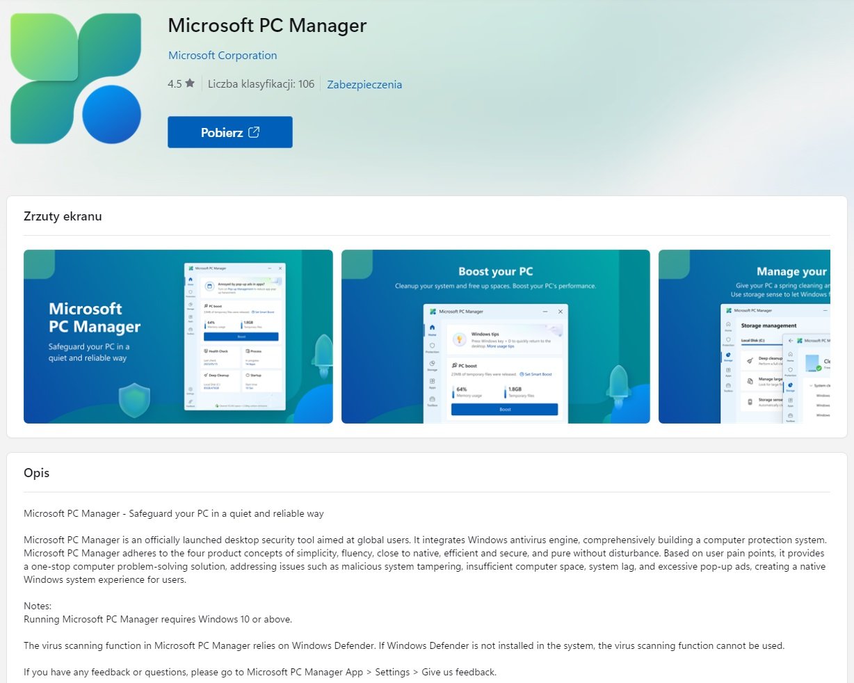 Microsoft PC Manager - aplikacja