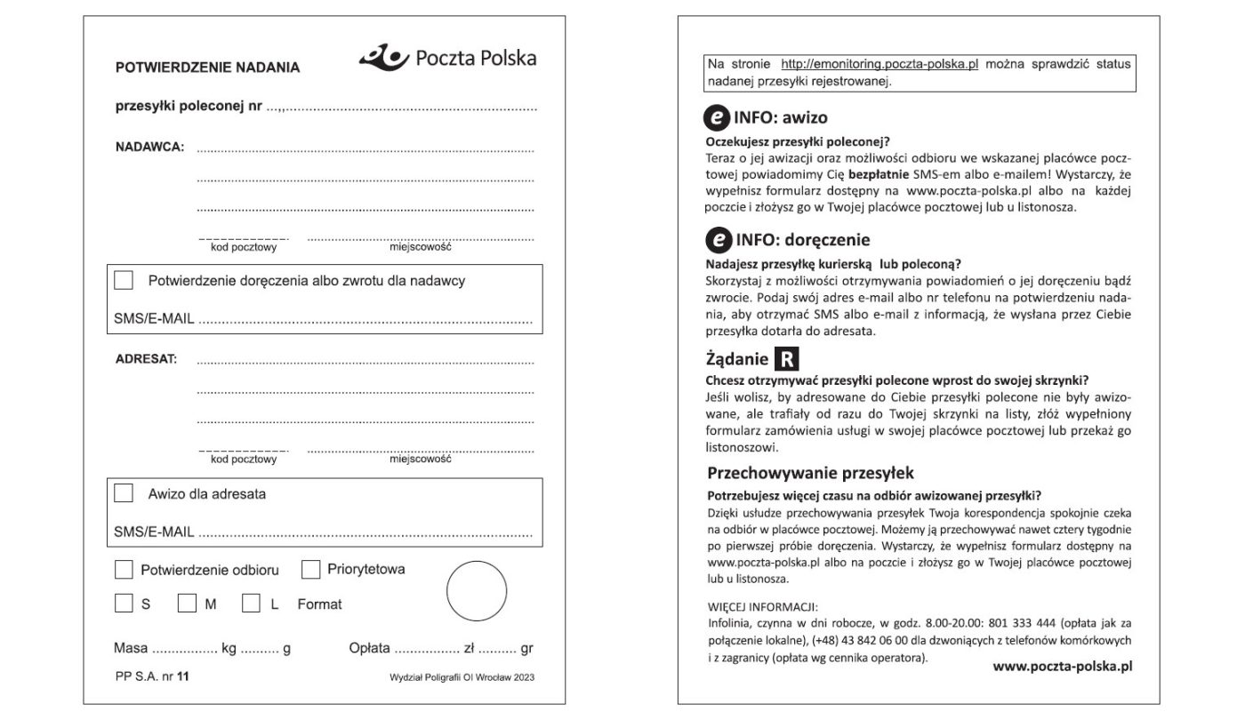 Poczta Polska przesyłka rejestrowana list polecony nowy wzór