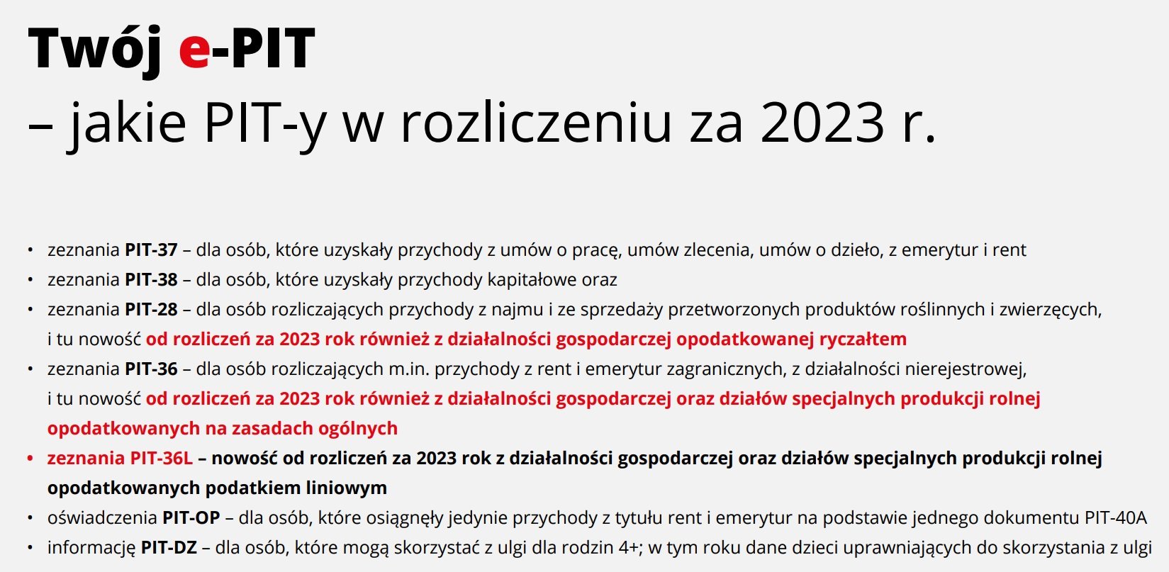 Twój e-PIT za 2023 rok w 2024 roku jakie formularze lista