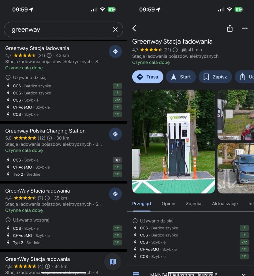 Google Maps funkcje dla samochodów elektrycznych