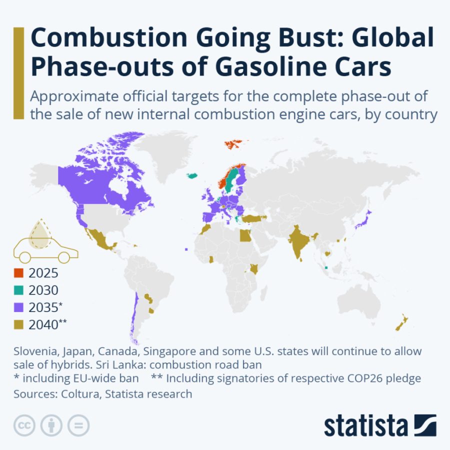 Zakaz samochodów spalinowych - mapa świata