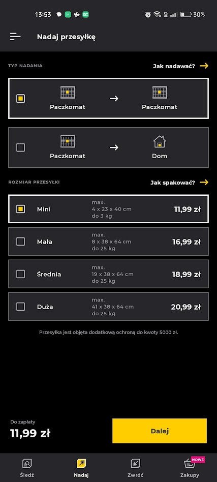 InPost Mobile Mini Paczka nadanie
