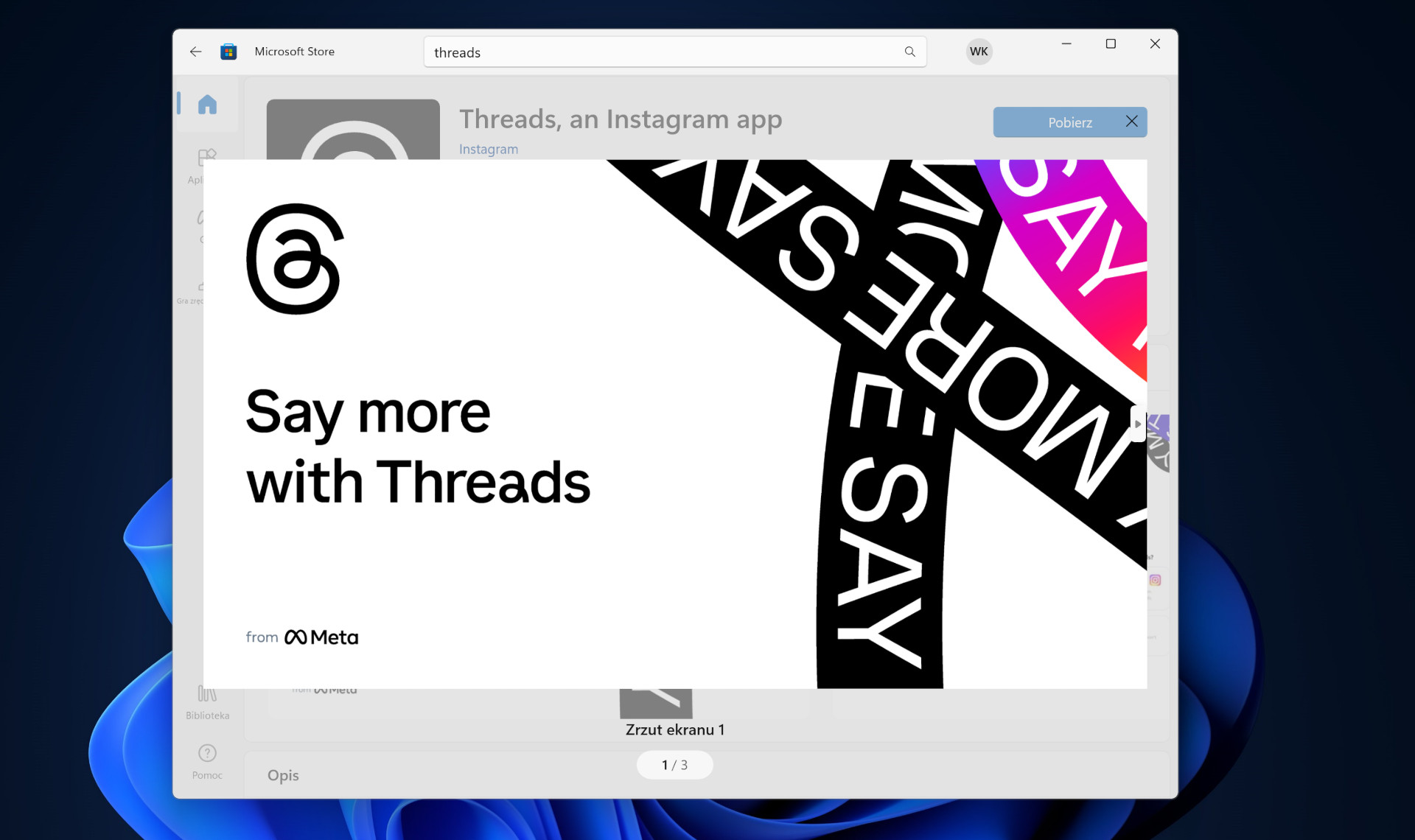 Aplikacja Threads w Microsoft Store screen