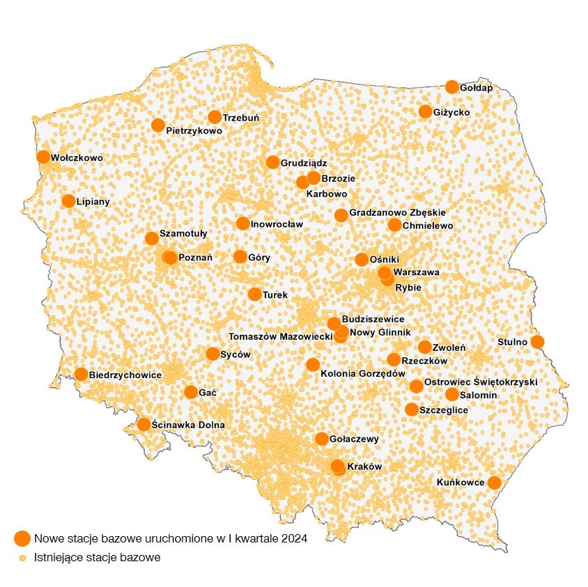 Orange nowe stacje bazowe pierwszy kwartał Q1 2024