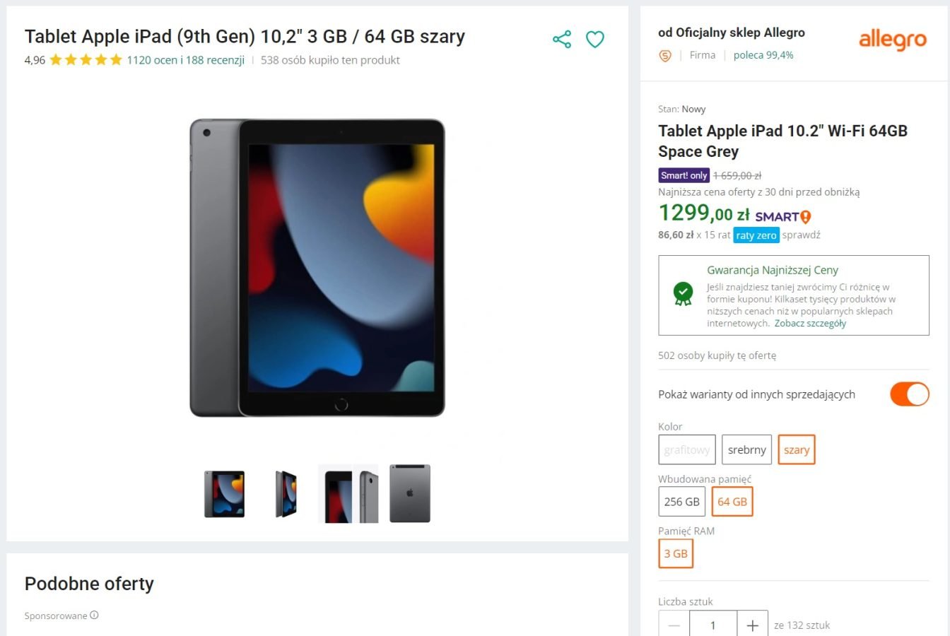 promocja allegro ipad 9. generacji za 1299 złotych