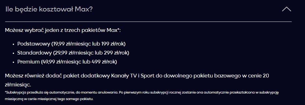 Ceny pakietów za dostęp do platformy Max