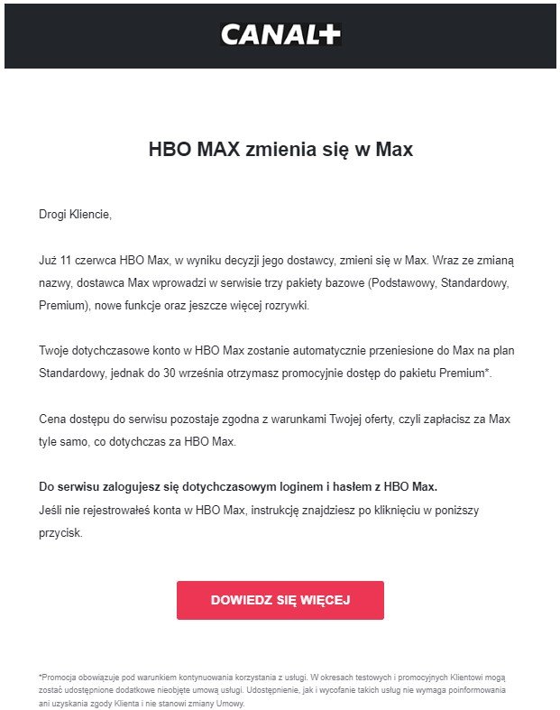 Mail od Canal+ na temat migracji HBO Max na Max