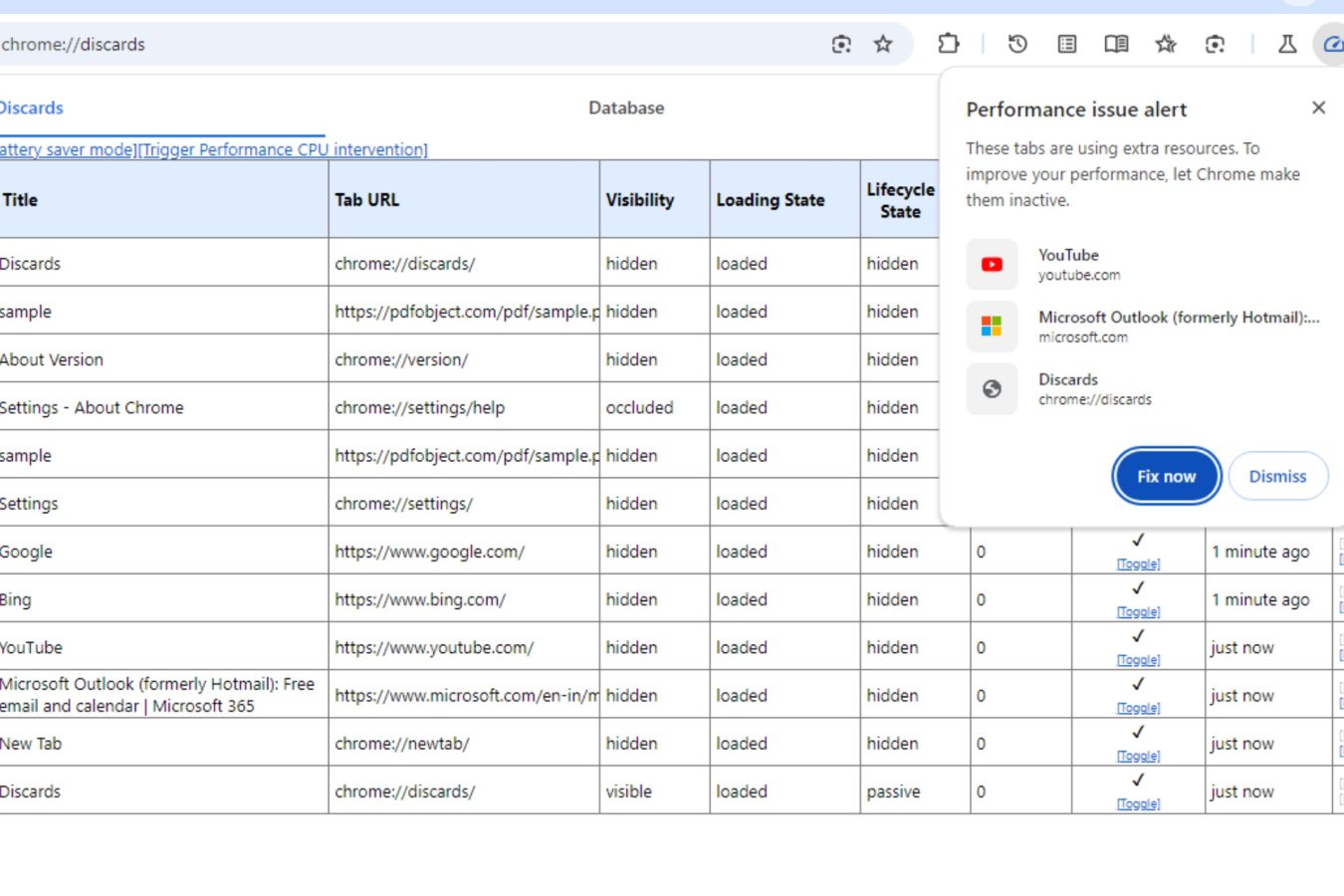 google chrome alerty dotyczące wydajności