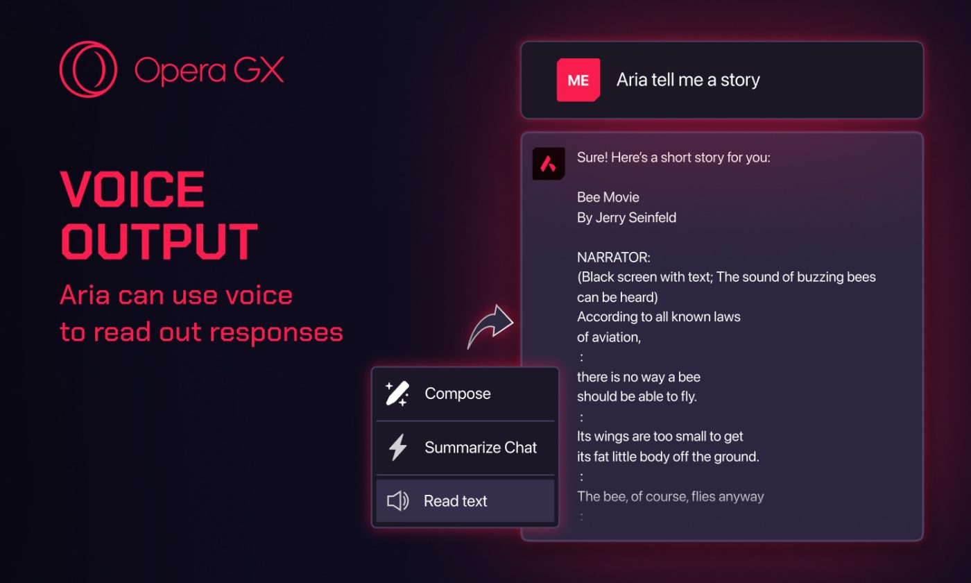 Opera GX Aria podsumowanie zamiana tekstu na mowę