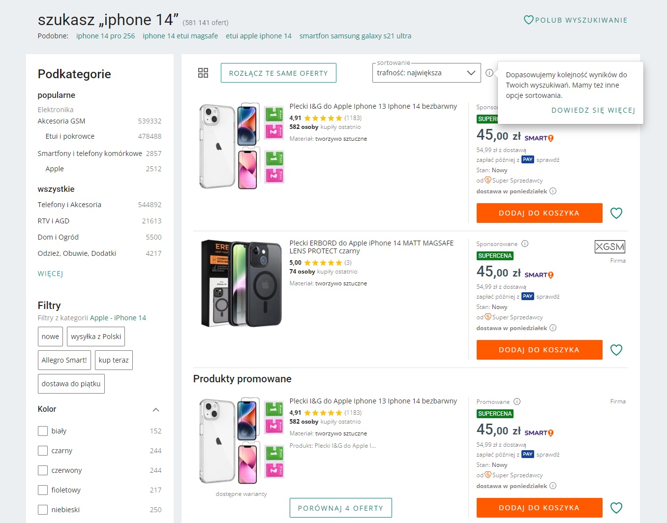 allegro lista ofert iphone 14 14.08.2024 fot. tabletowo.pl